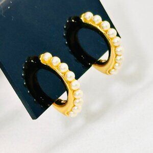 Vintage Napier Gold Tone Faux Pearl Half Hoop Screw Back Earrings